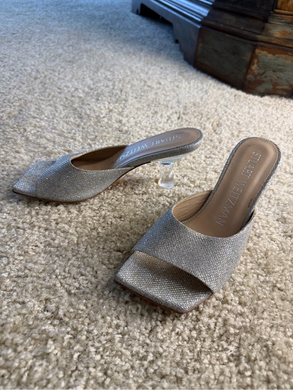 Stuart Weitzman Sparkling Silver Open-Toe Mules